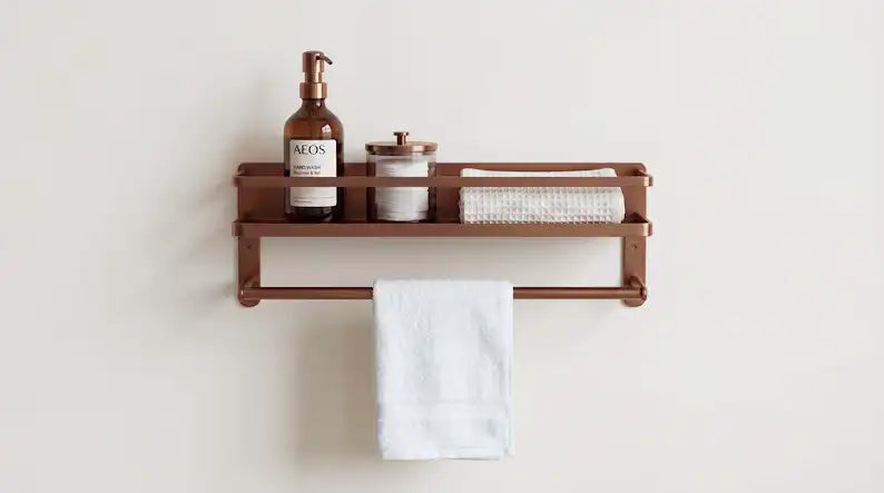Hammered Copper Bathroom Shelf with Towel Bar, Moroccan Wall Organizer