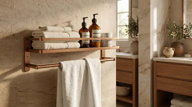 Hammered Copper Bathroom Shelf with Towel Bar, Moroccan Wall Organizer