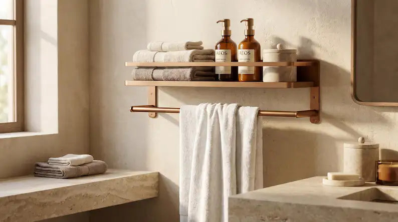 Hammered Copper Bathroom Shelf with Towel Bar, Moroccan Wall Organizer