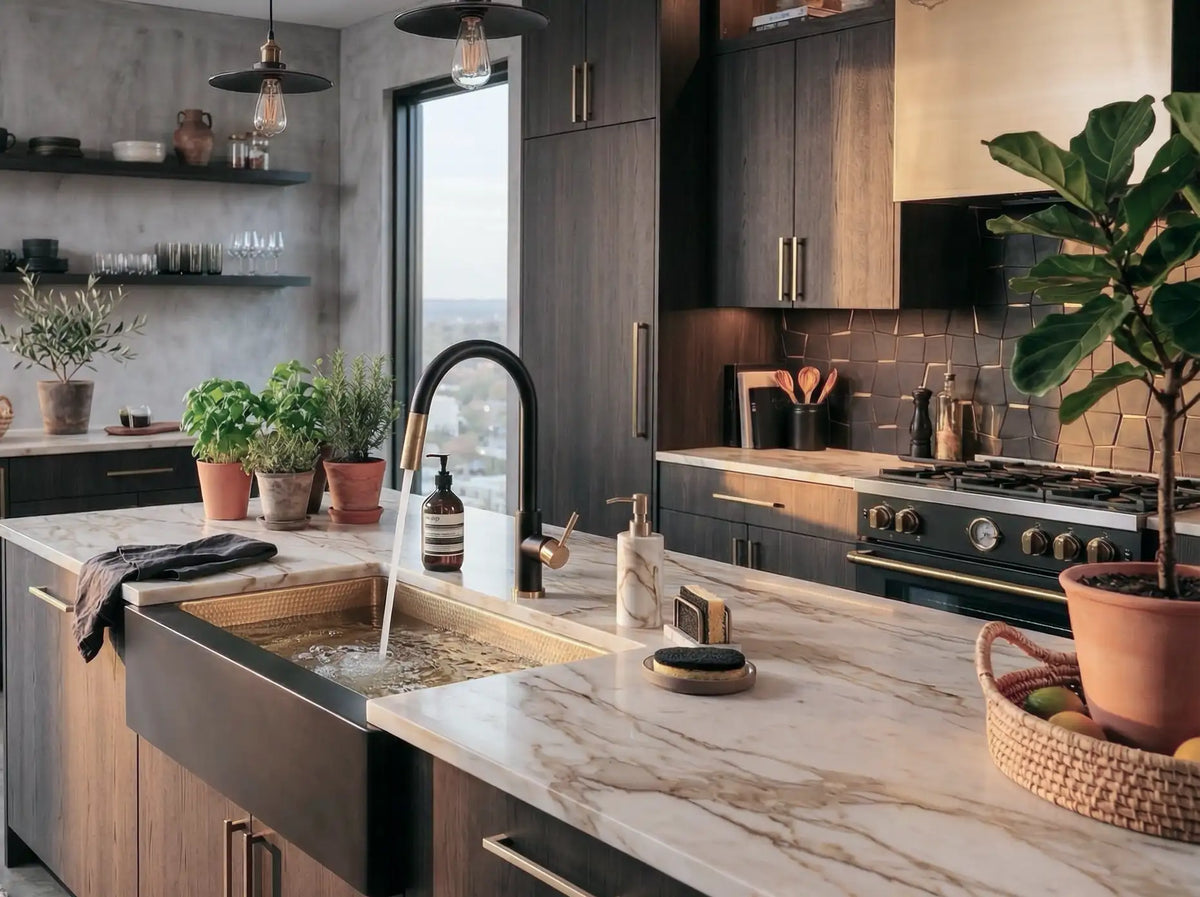 Hammered Brass Farmhouse Sink – Black Apron Front, Handmade Moroccan Kitchen Decor