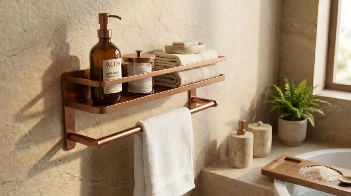 Hammered Copper Bathroom Shelf with Towel Bar, Moroccan Wall Organizer