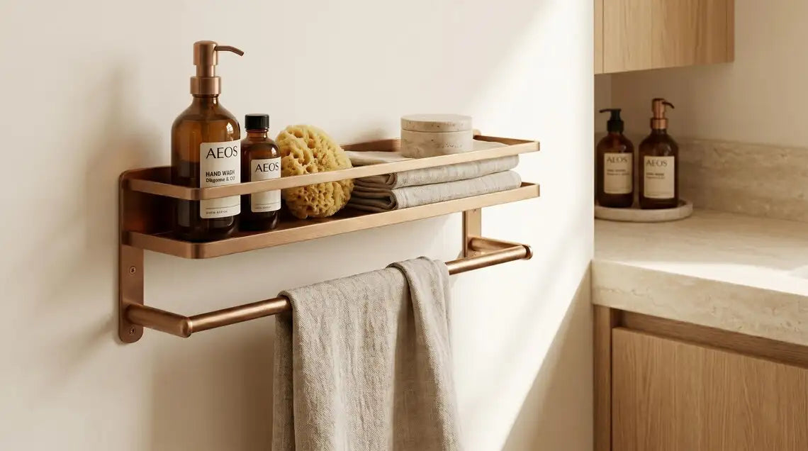 Hammered Copper Bathroom Shelf with Towel Bar, Moroccan Wall Organizer