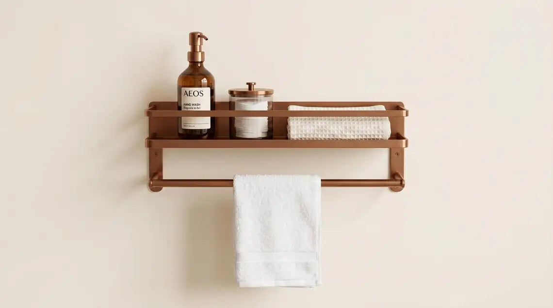 Hammered Copper Bathroom Shelf with Towel Bar, Moroccan Wall Organizer