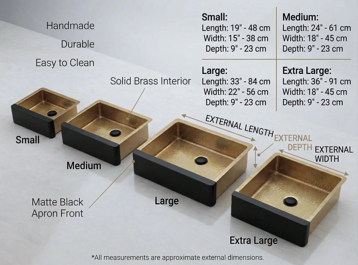 Hammered Brass Farmhouse Sink – Black Apron Front, Handmade Moroccan Kitchen Decor