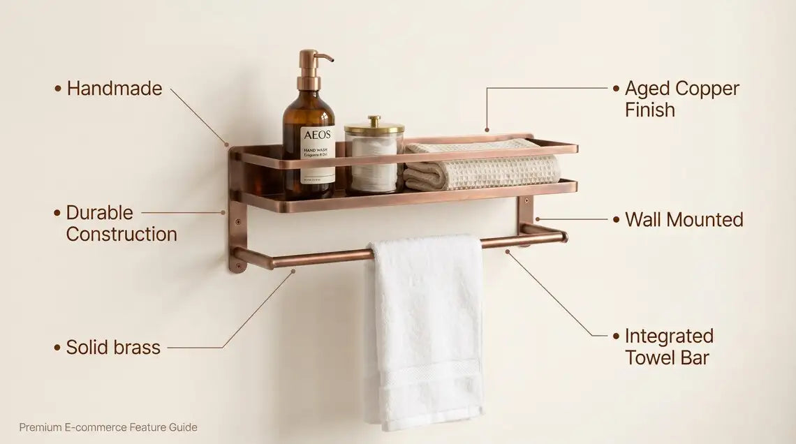 Hammered Copper Bathroom Shelf with Towel Bar, Moroccan Wall Organizer