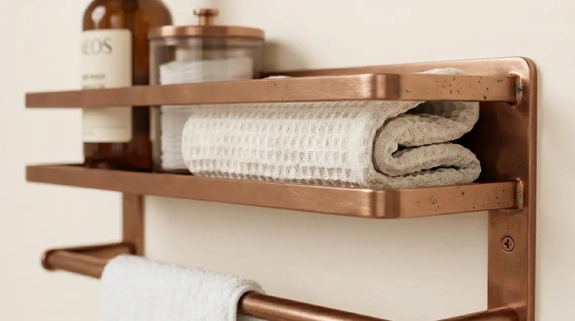 Hammered Copper Bathroom Shelf with Towel Bar, Moroccan Wall Organizer