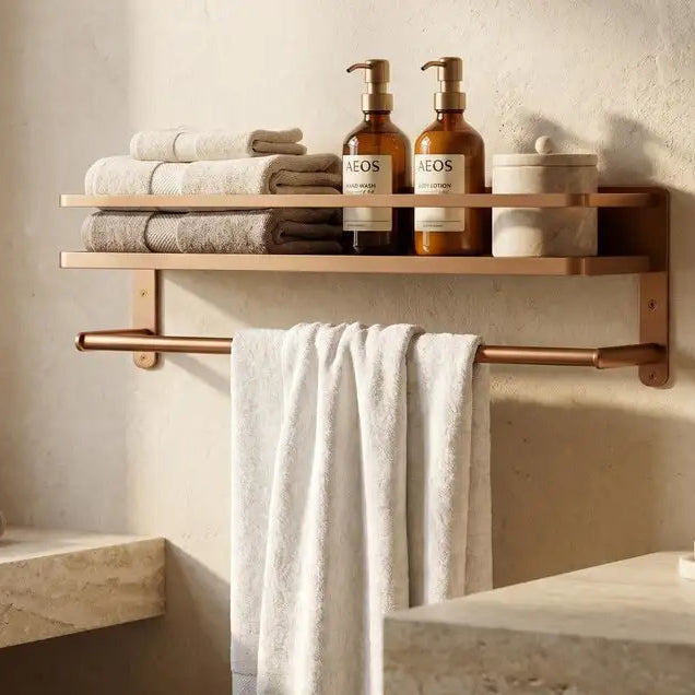 Hammered Copper Bathroom Shelf with Towel Bar, Moroccan Wall Organizer