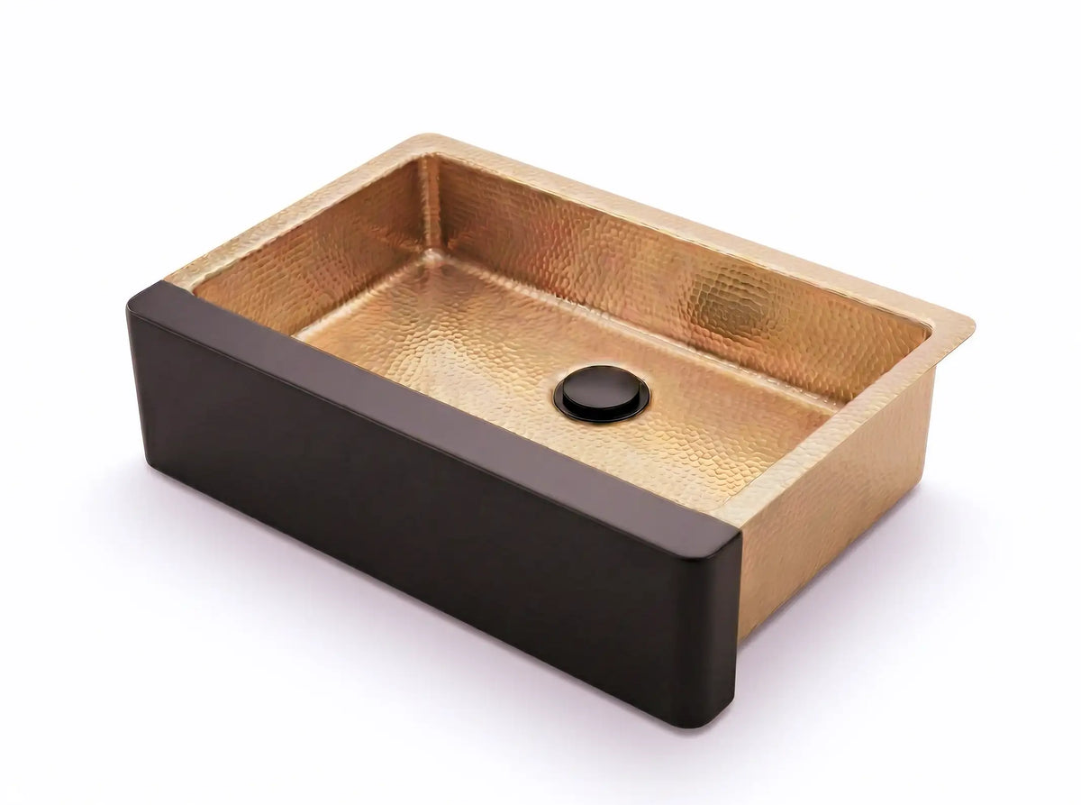 Hammered Brass Farmhouse Sink – Black Apron Front, Handmade Moroccan Kitchen Decor