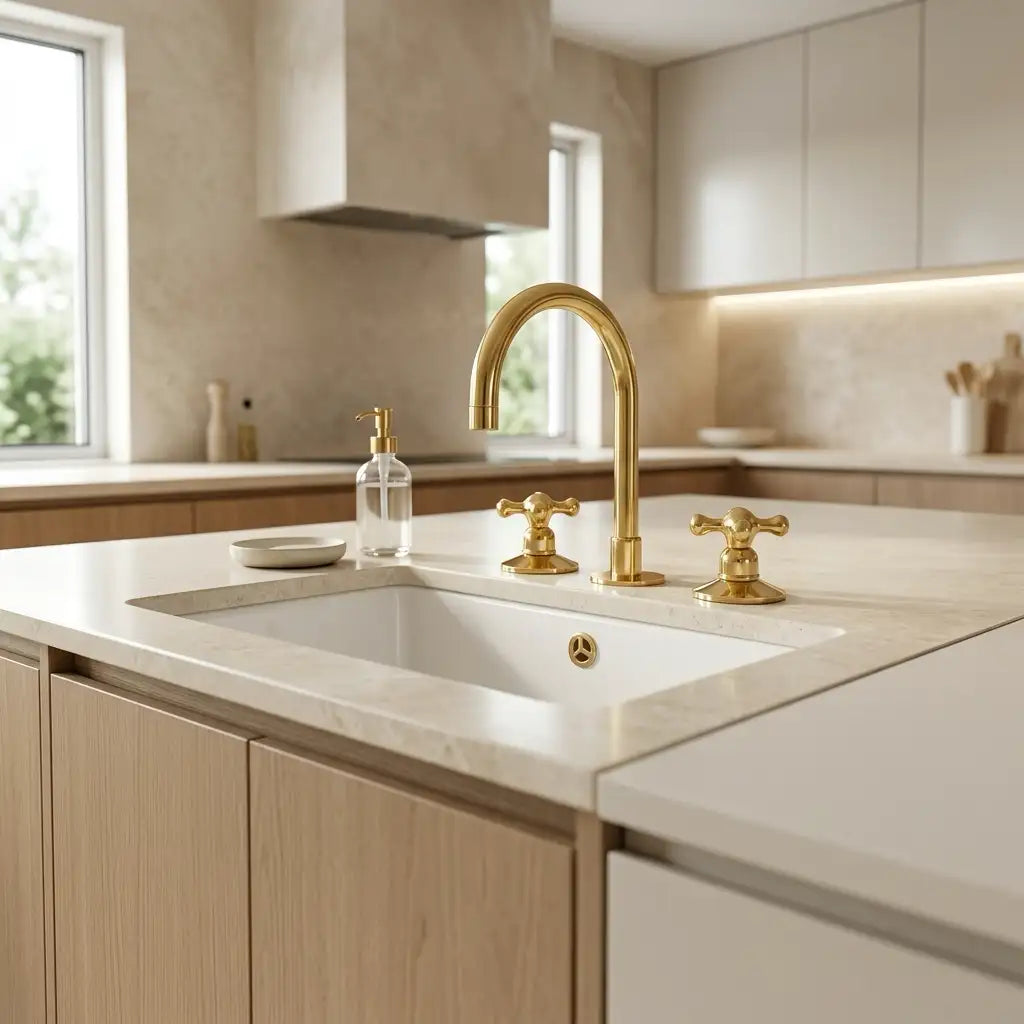 A modern kitchen scene featuring a polished gold faucet with a high-arc spout and two cross-handle valves, installed in a white undermount sink on a light marble countertop.