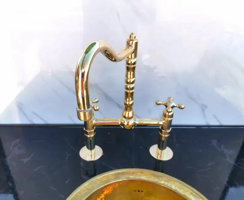 Antique Brass Bridge Kitchen Faucet - Solid Brass Vintage Tap