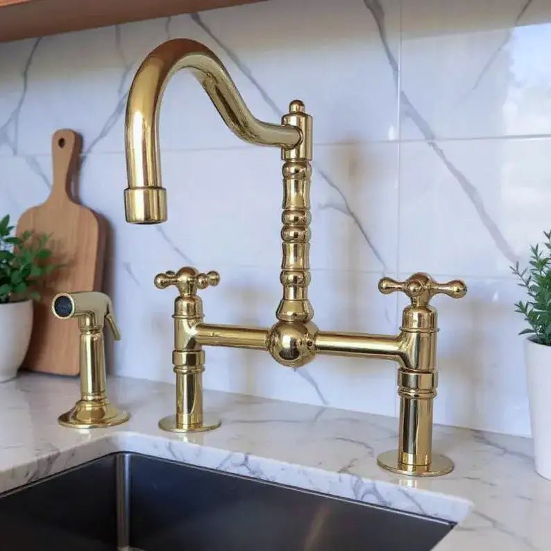 Antique Brass Bridge Kitchen Faucet - Solid Brass Vintage Tap - handcrafted luxury Kitchen Faucets for kitchen and bathroom interiors by Brooklyn Brass