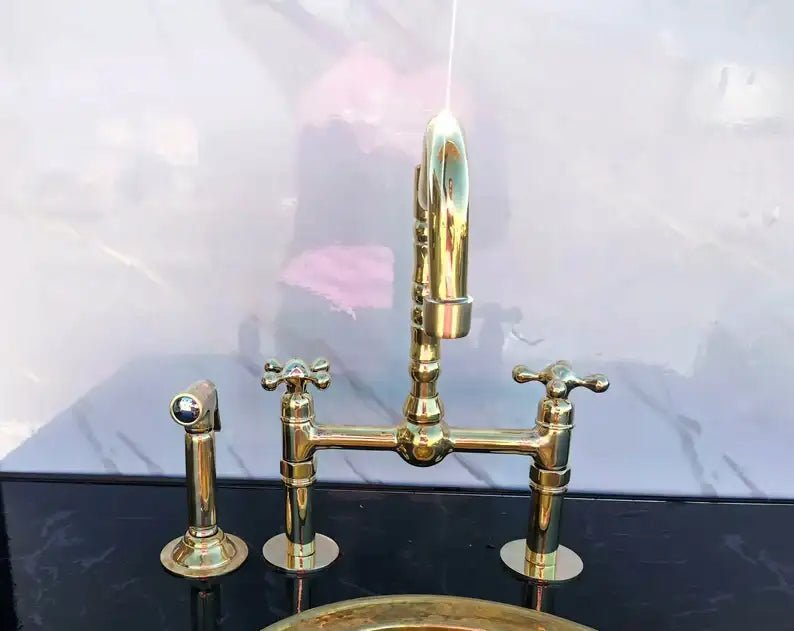 Antique Brass Bridge Kitchen Faucet - Solid Brass Vintage Tap - handcrafted luxury Kitchen Faucets for kitchen and bathroom interiors by Brooklyn Brass