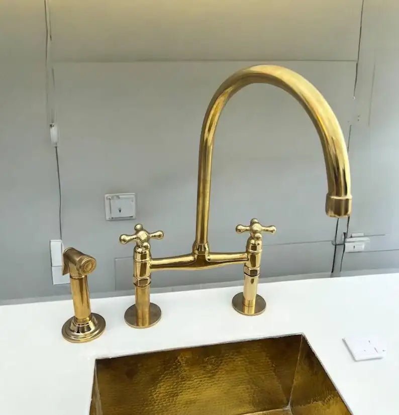 Antique Brass Bridge Kitchen Faucet With Curved Legs - Brass Kitchen Tap - handcrafted luxury Kitchen Faucets for kitchen and bathroom interiors by Brooklyn Brass