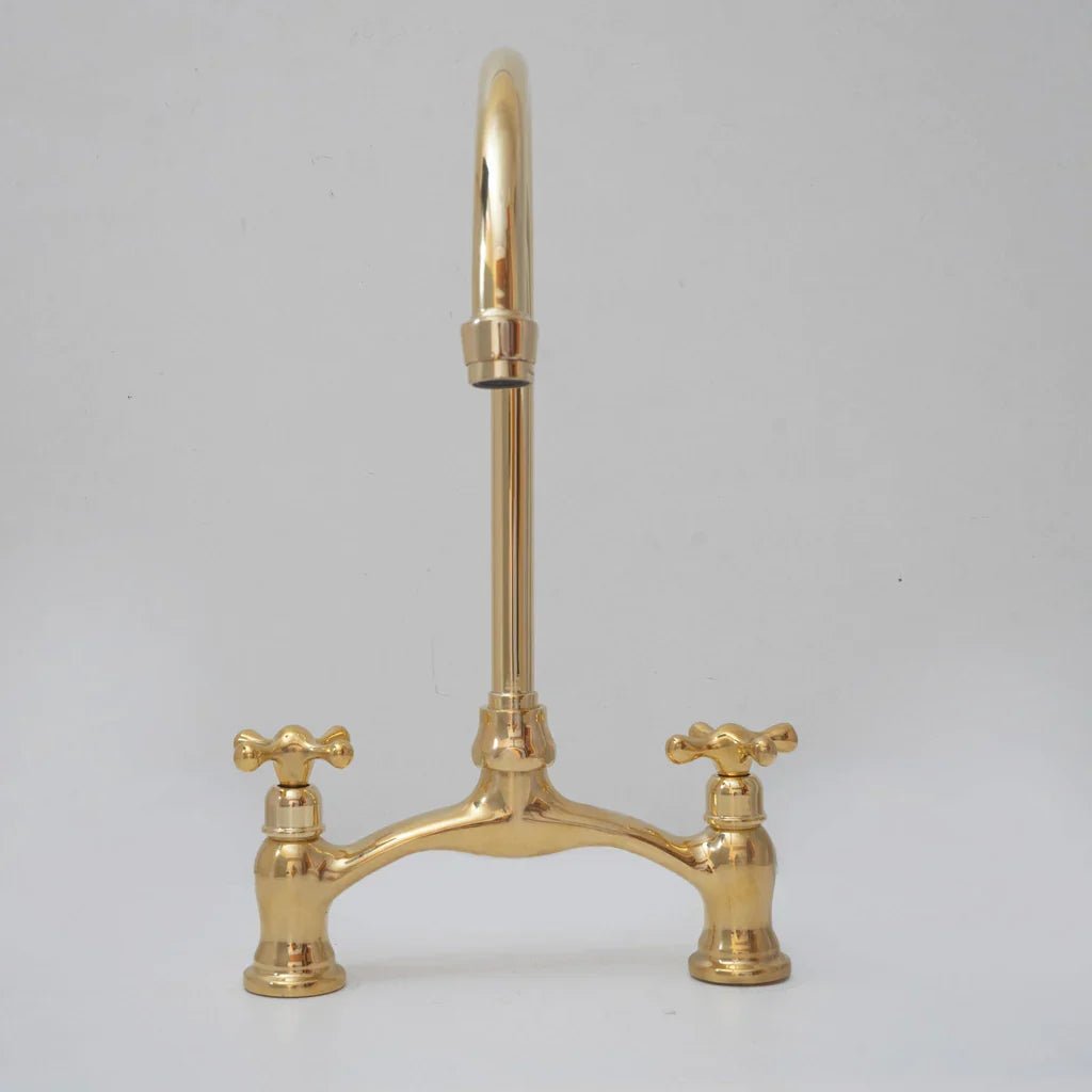 Brass Antique Bridge Kitchen Faucet, V Shaped Unlacquered Brass Tap - handcrafted luxury Kitchen Faucets for kitchen and bathroom interiors by Brooklyn Brass