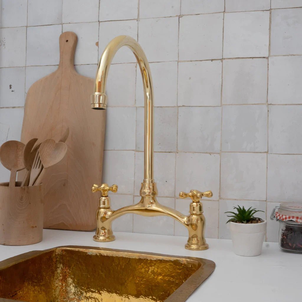 Brass Antique Bridge Kitchen Faucet, V Shaped Unlacquered Brass Tap - handcrafted luxury Kitchen Faucets for kitchen and bathroom interiors by Brooklyn Brass
