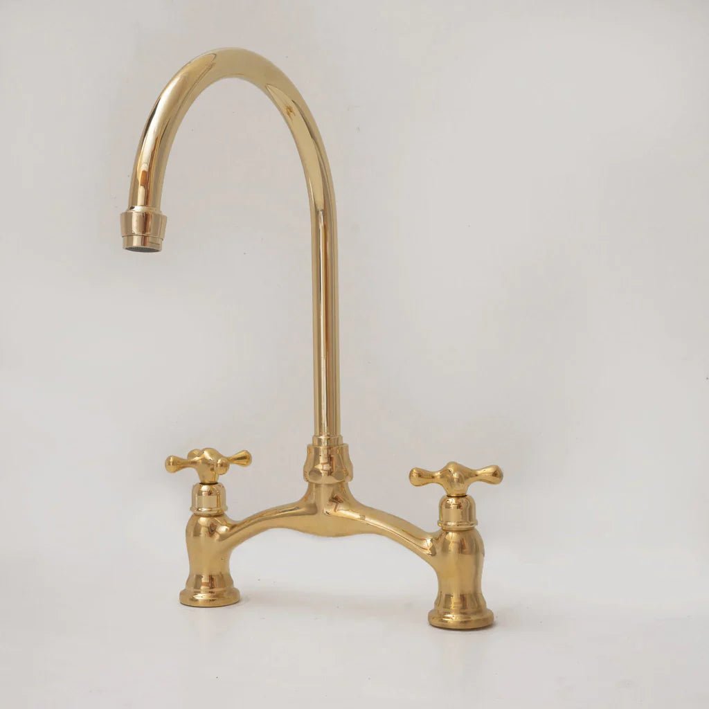 Brass Antique Bridge Kitchen Faucet, V Shaped Unlacquered Brass Tap - handcrafted luxury Kitchen Faucets for kitchen and bathroom interiors by Brooklyn Brass