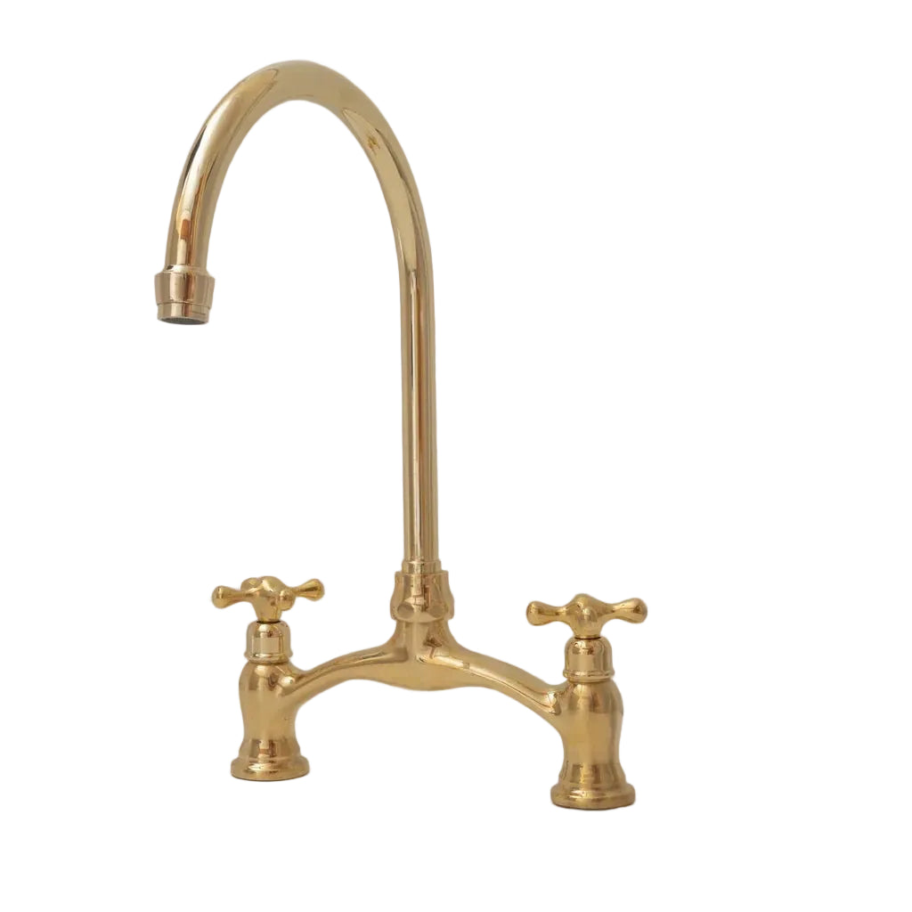 Brass Antique Bridge Kitchen Faucet, V Shaped Unlacquered Brass Tap - handcrafted luxury Kitchen Faucets for kitchen and bathroom interiors by Brooklyn Brass