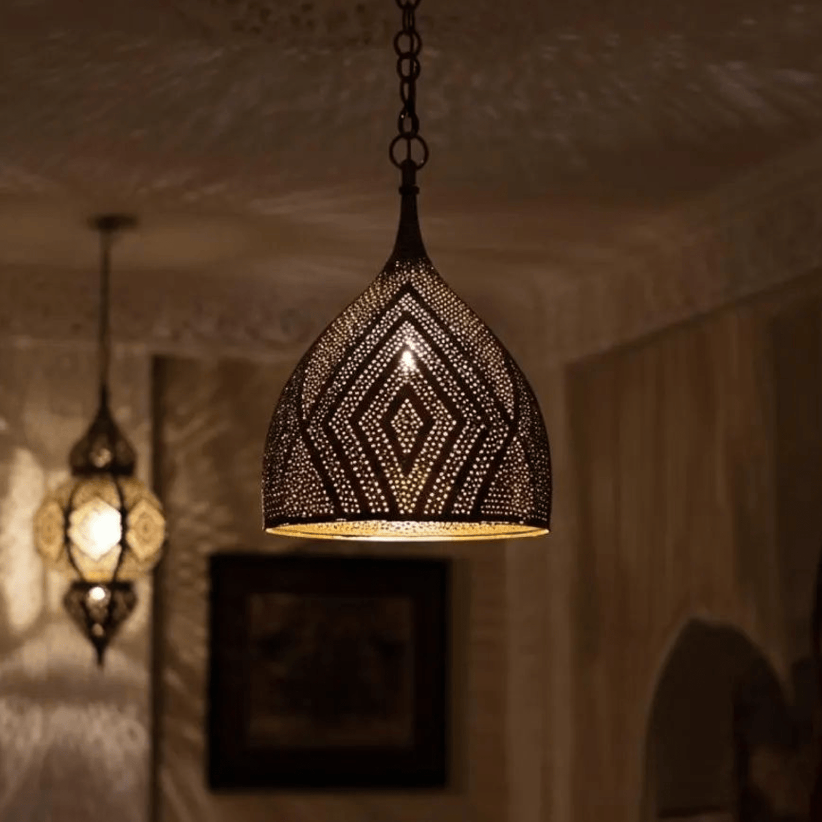 Brass Teardrop Pendant Light – Pierced Moroccan - Style Ceiling Lamp - handcrafted luxury for kitchen and bathroom interiors by Brooklyn Brass