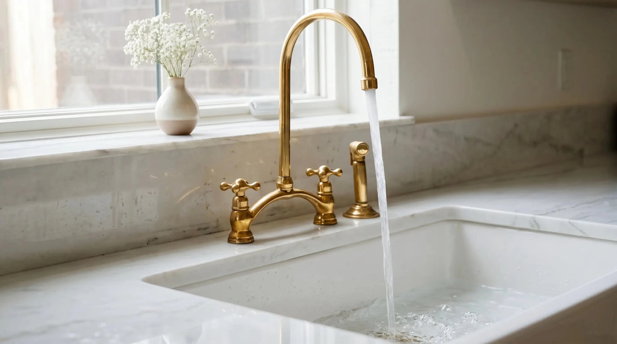 Brass V - Style Bridge Kitchen Faucet, Arched Brass Tap - handcrafted luxury Kitchen Faucets for kitchen and bathroom interiors by Brooklyn Brass