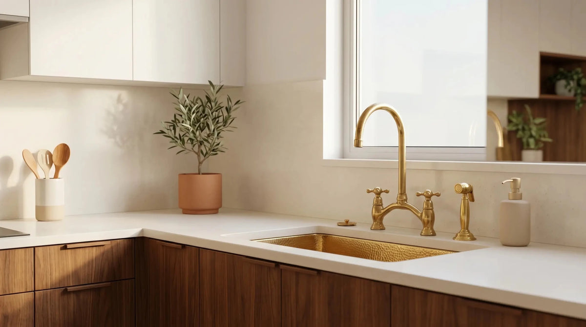 Brass V - Style Bridge Kitchen Faucet, Arched Brass Tap - handcrafted luxury Kitchen Faucets for kitchen and bathroom interiors by Brooklyn Brass