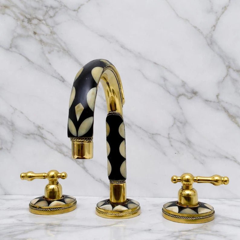 Brass & Wood Widespread 3 Holes Bathroom Faucet - Brass Bath Tap - handcrafted luxury Bathroom Faucets for kitchen and bathroom interiors by Brooklyn Brass