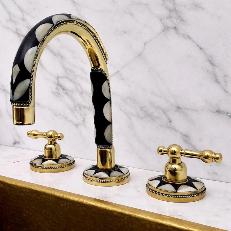 Brass & Wood Widespread 3 Holes Bathroom Faucet - Brass Bath Tap - handcrafted luxury Bathroom Faucets for kitchen and bathroom interiors by Brooklyn Brass