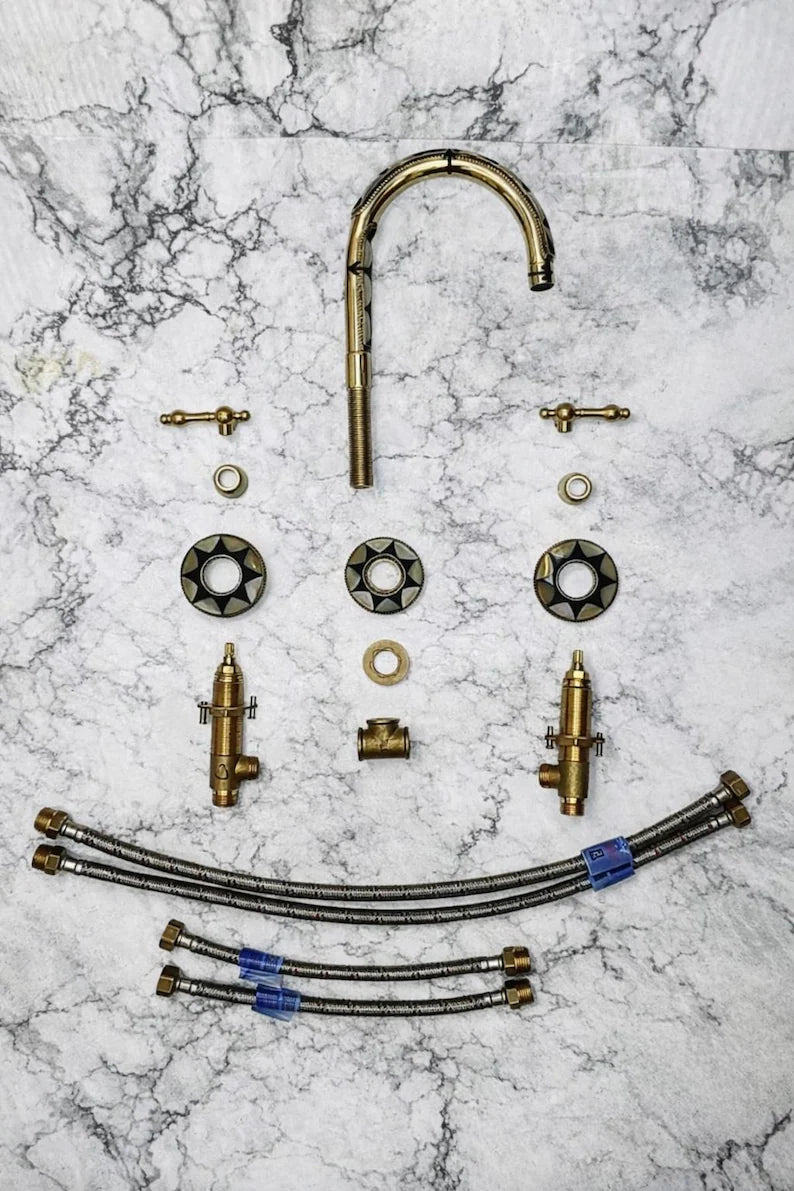 Brass & Wood Widespread 3 Holes Bathroom Faucet - Brass Bath Tap - handcrafted luxury Bathroom Faucets for kitchen and bathroom interiors by Brooklyn Brass