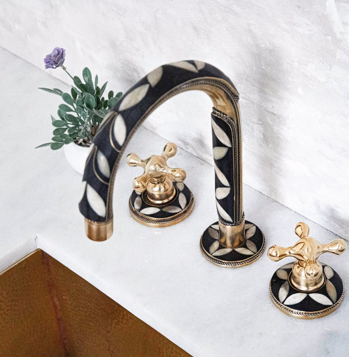 Brass & Wood Widespread 3 Holes Bathroom Faucet - Brass Bath Tap - handcrafted luxury Bathroom Faucets for kitchen and bathroom interiors by Brooklyn Brass
