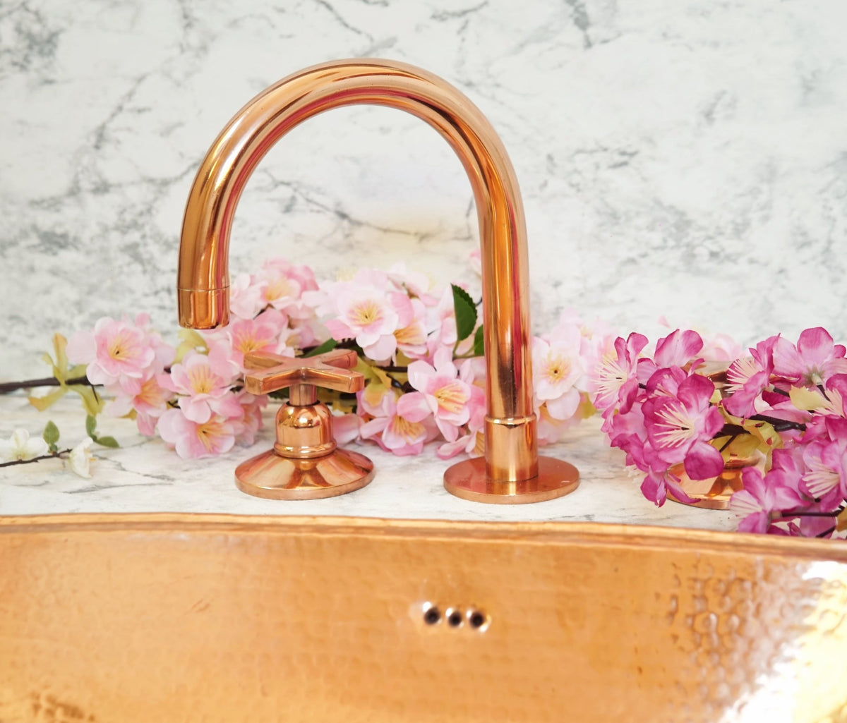 Copper Widespread 3 holes Deck mounted Faucet - Vanity Sink Bathroom Tap - handcrafted luxury Bathroom Faucets for kitchen and bathroom interiors by Brooklyn Brass