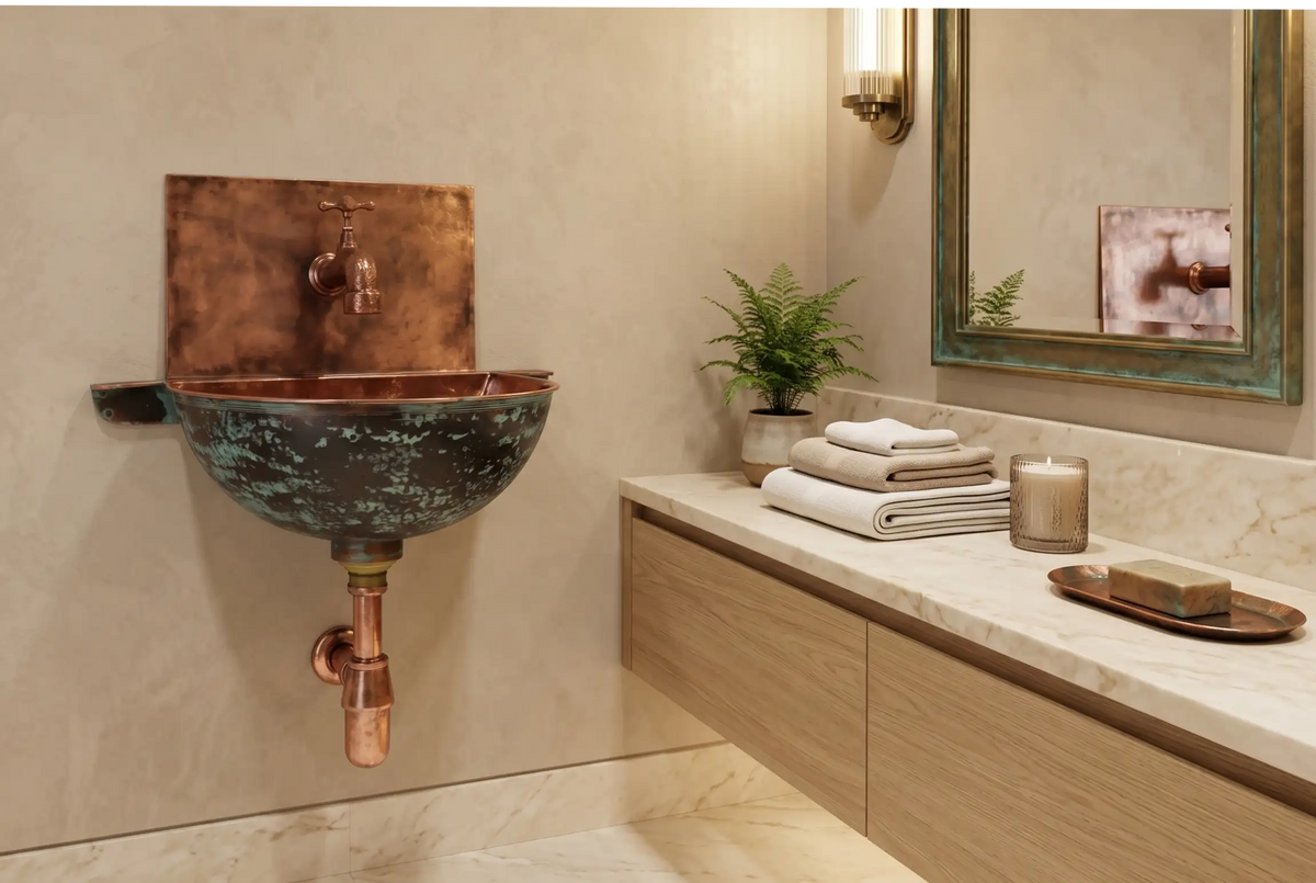 Copper Wall Mounted Bathroom Sink With Copper Mixer Faucet