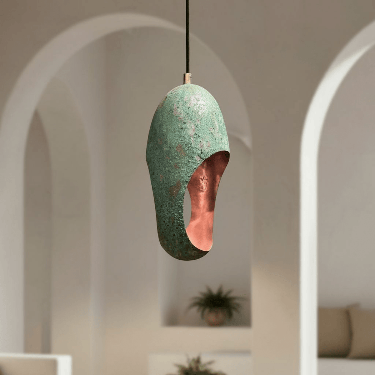 Green Patina Copper Pendant – Cutout Dome Ceiling Light for Rustic Decor - handcrafted luxury for kitchen and bathroom interiors by Brooklyn Brass