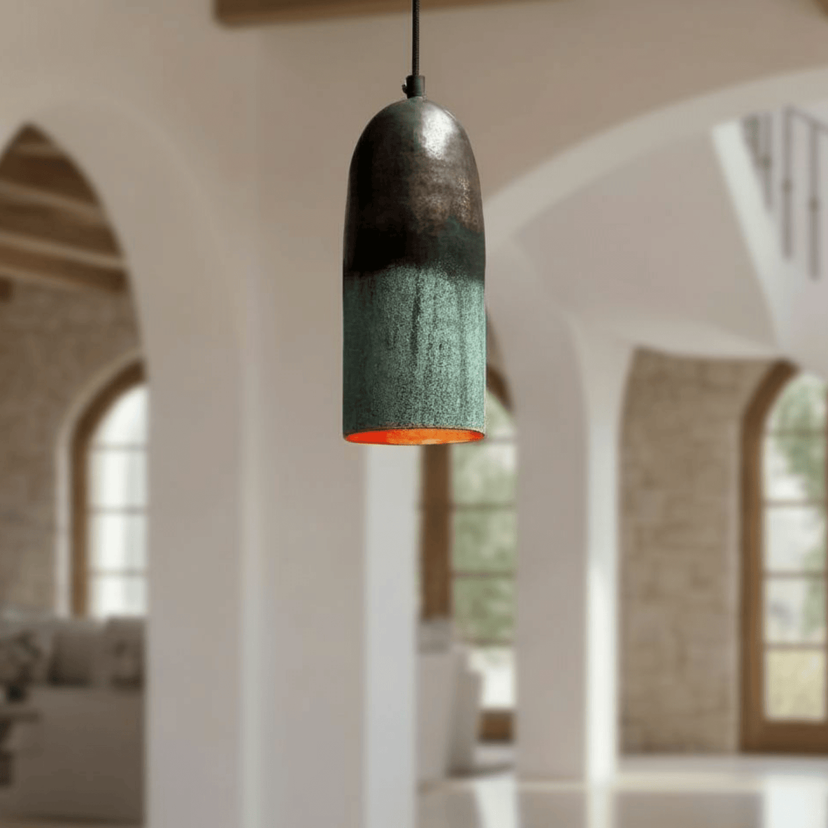 Green Patina Copper Pendant Light – Handmade Oxidized Cylinder Ceiling Lamp - handcrafted luxury for kitchen and bathroom interiors by Brooklyn Brass