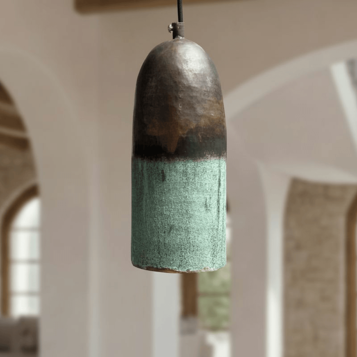 Green Patina Copper Pendant Light – Handmade Oxidized Cylinder Ceiling Lamp - handcrafted luxury for kitchen and bathroom interiors by Brooklyn Brass