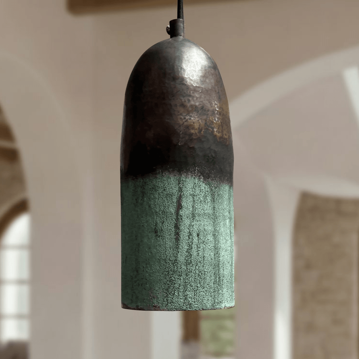 Green Patina Copper Pendant Light – Handmade Oxidized Cylinder Ceiling Lamp - handcrafted luxury for kitchen and bathroom interiors by Brooklyn Brass