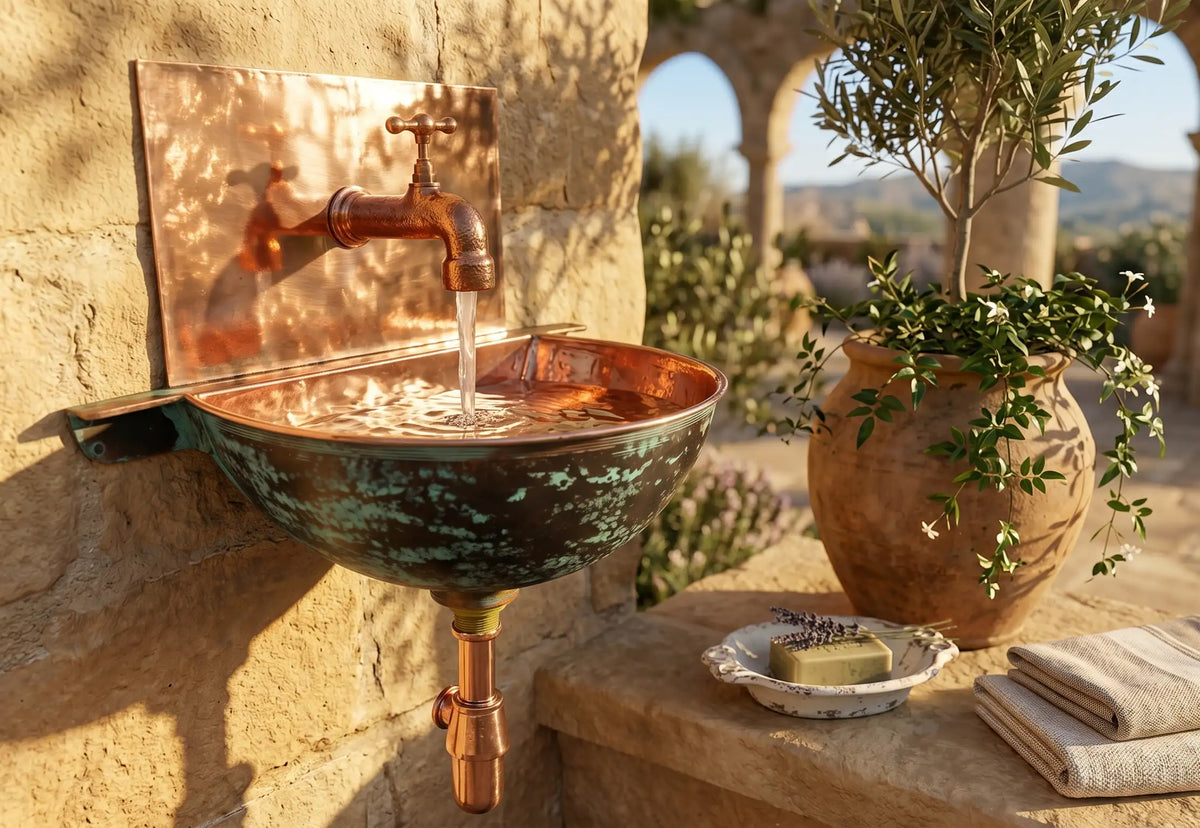 Copper Wall Mounted Bathroom Sink With Copper Mixer Faucet