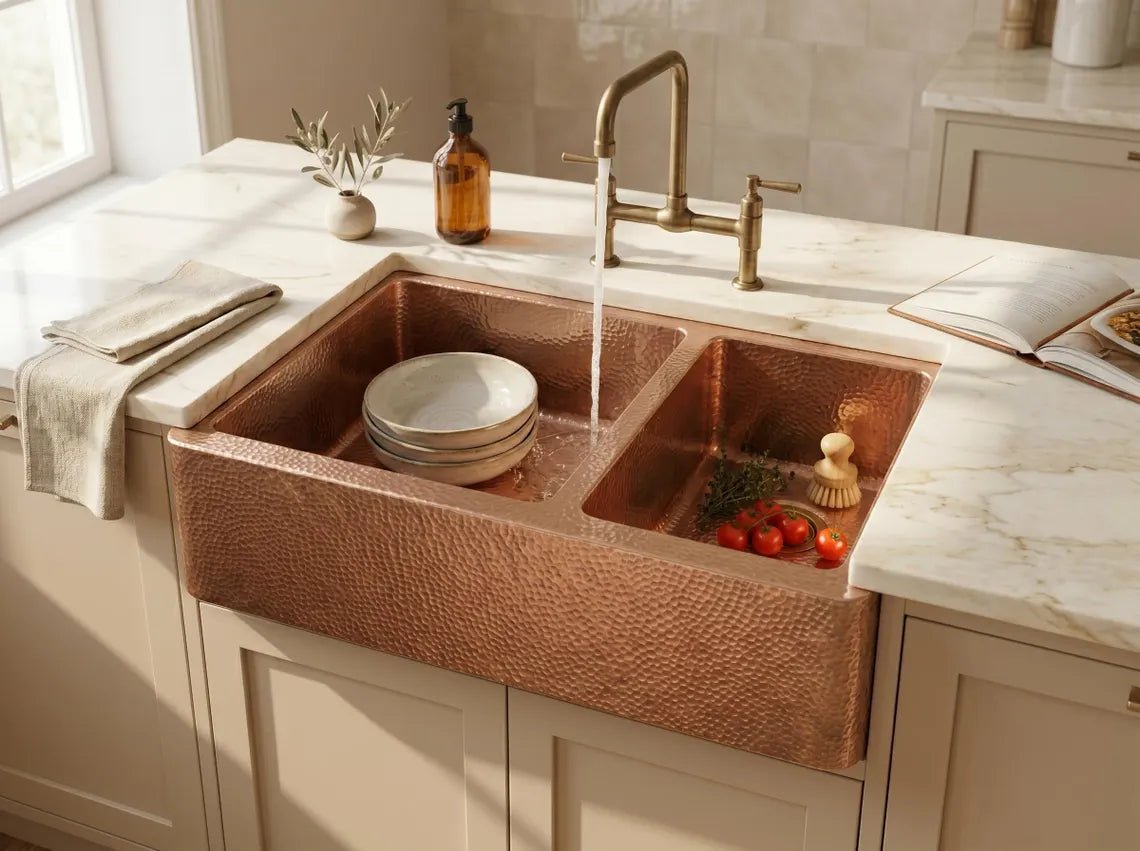 Hammered Copper Double Bowl Farmhouse Sink – Moroccan Artisan Apron Front Kitchen Sink - handcrafted luxury kitchen sink for kitchen and bathroom interiors by Brooklyn Brass