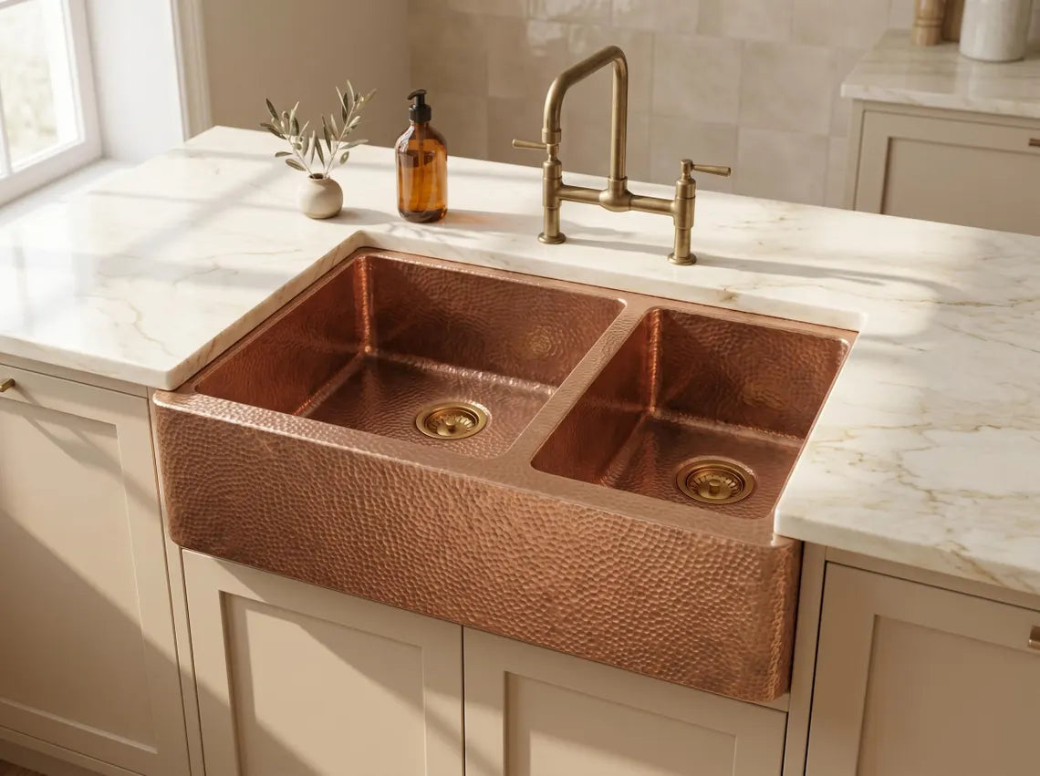 Hammered Copper Double Bowl Farmhouse Sink – Moroccan Artisan Apron Front Kitchen Sink