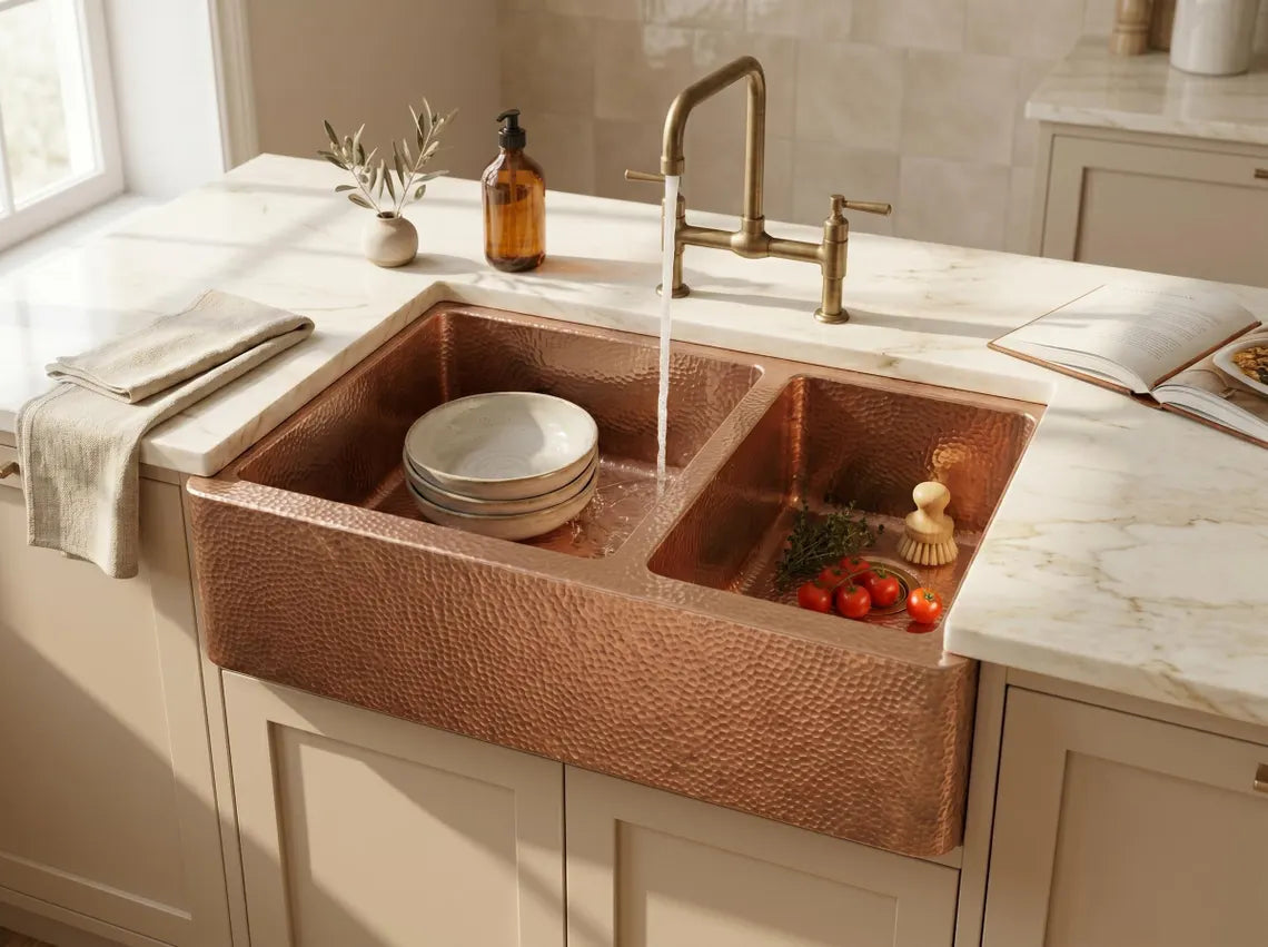 Hammered Copper Double Bowl Farmhouse Sink – Moroccan Artisan Apron Front Kitchen Sink