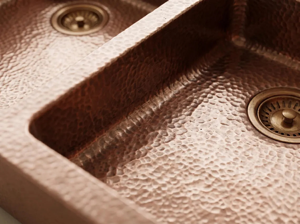 Hammered Copper Double Bowl Farmhouse Sink – Moroccan Artisan Apron Front Kitchen Sink