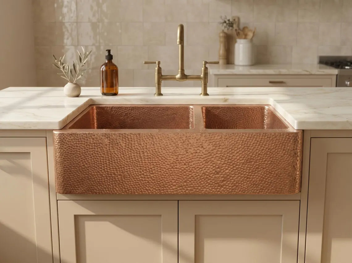 Hammered Copper Double Bowl Farmhouse Sink – Moroccan Artisan Apron Front Kitchen Sink