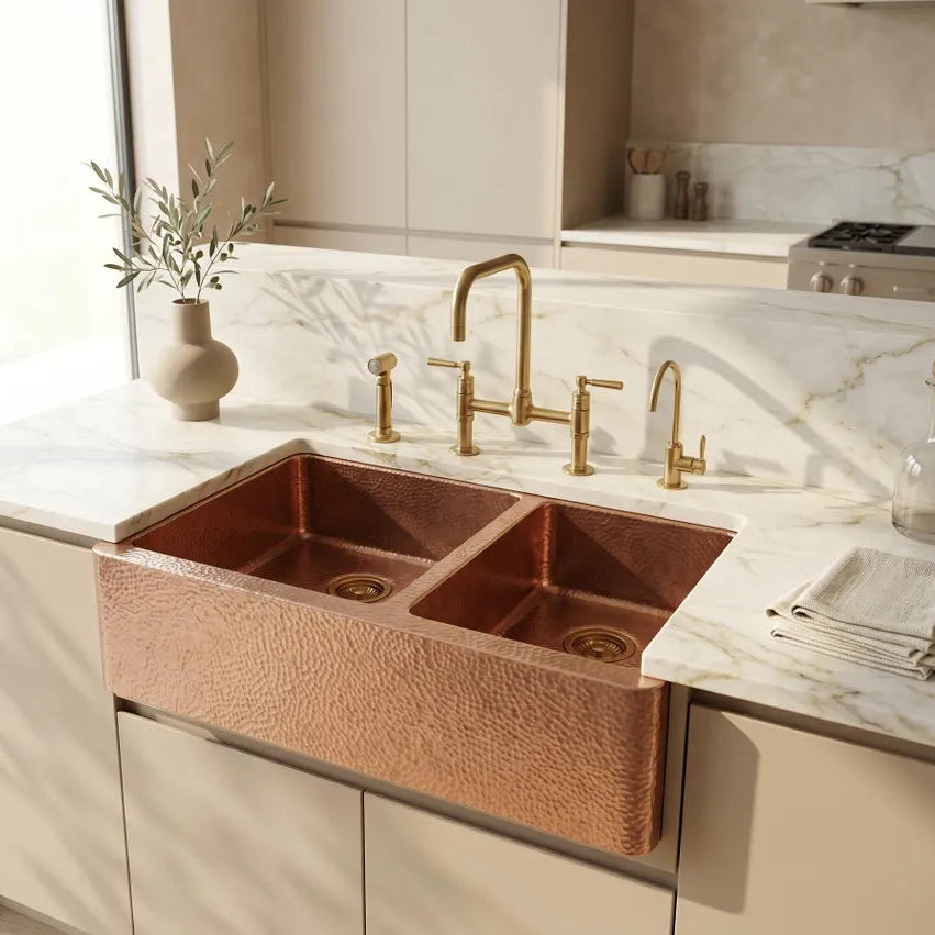 Hammered Copper Double Bowl Farmhouse Sink – Moroccan Artisan Apron Front Kitchen Sink
