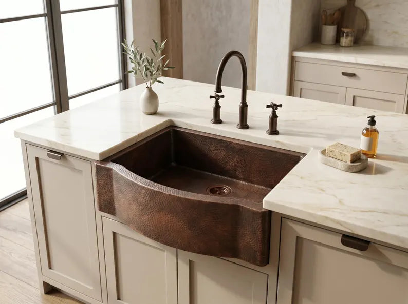 Hammered Copper Farmhouse Sink – Single Basin, Apron Front, Moroccan Artisan Kitchen Sink