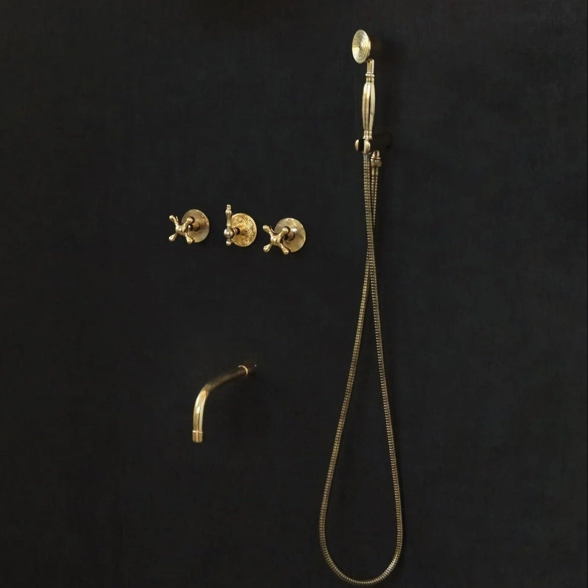 Solid Brass 2 outlet Shower - Unlacquered Brass Handheld with Tub filler - handcrafted luxury Showers for kitchen and bathroom interiors by Brooklyn Brass