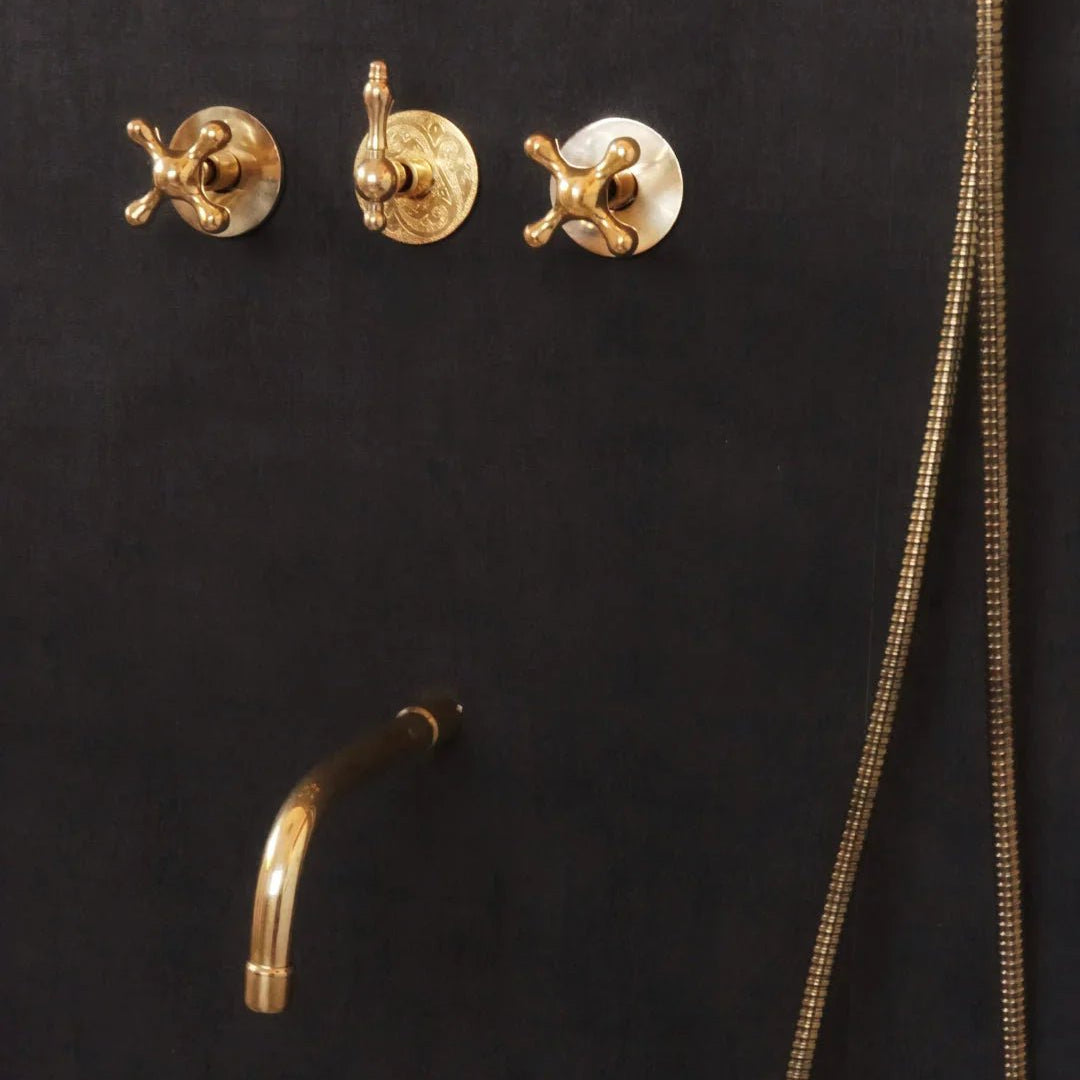 Solid Brass 2 outlet Shower - Unlacquered Brass Handheld with Tub filler - handcrafted luxury Showers for kitchen and bathroom interiors by Brooklyn Brass