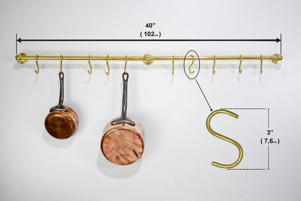 Solid Brass Pot Rail With Hooks, Unlacquered Brass Kitchen Pot Rack, Pot Hangers - handcrafted luxury Hardware and Drains for kitchen and bathroom interiors by Brooklyn Brass