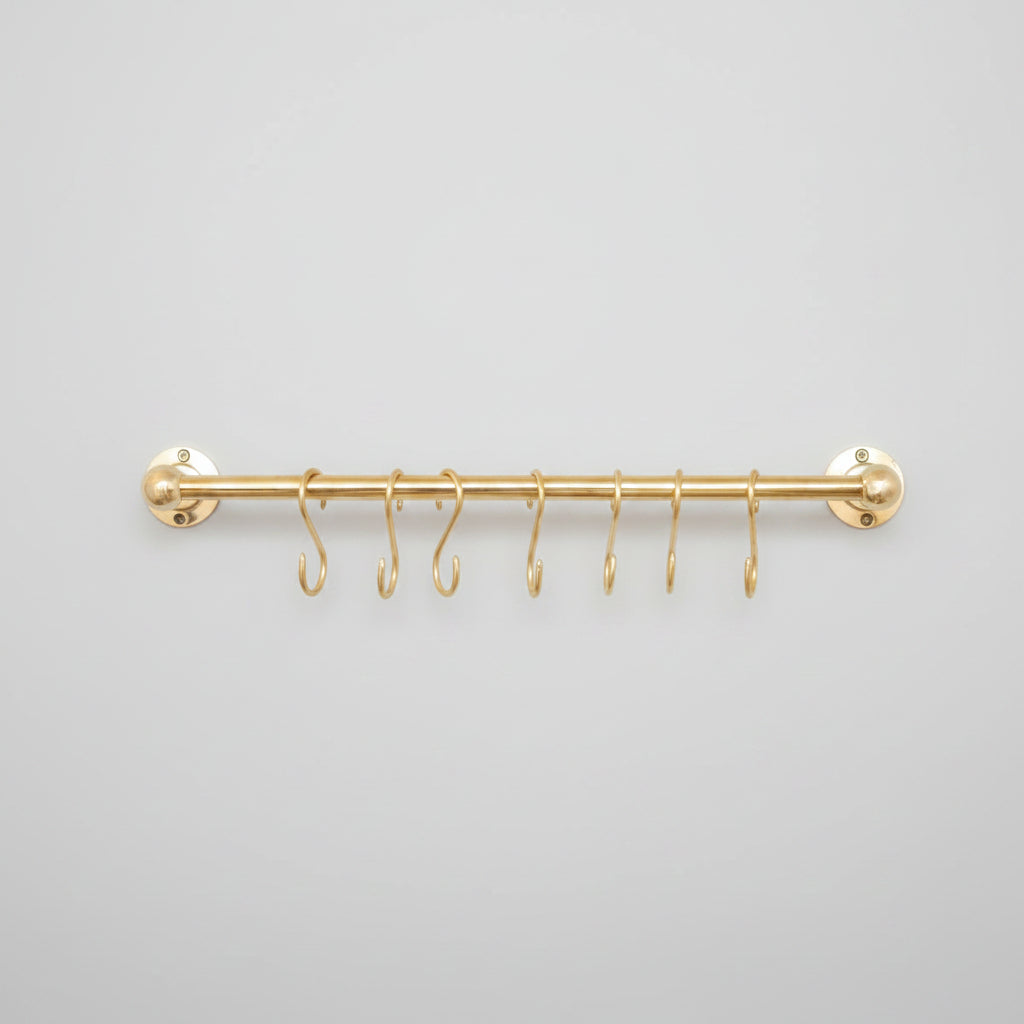 Solid Brass Pot Rail With Hooks, Unlacquered Brass Kitchen Pot Rack, Pot Hangers - handcrafted luxury Hardware and Drains for kitchen and bathroom interiors by Brooklyn Brass