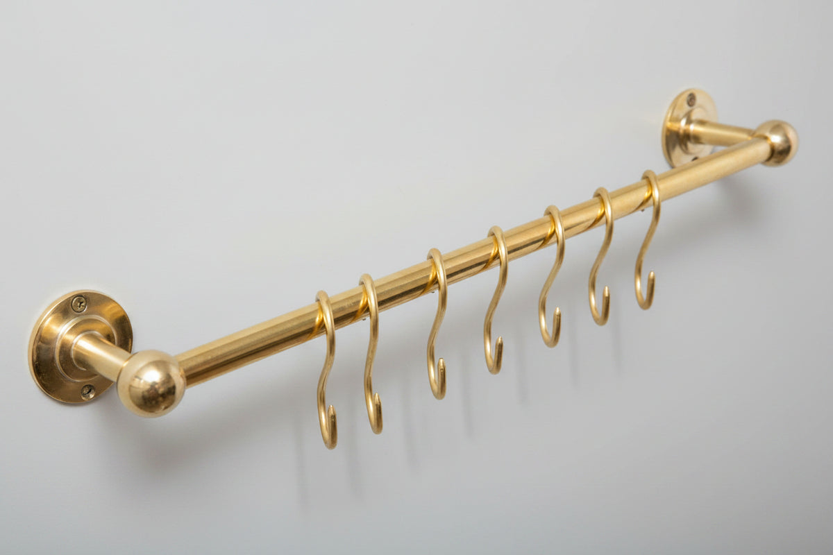 Solid Brass Pot Rail With Hooks, Unlacquered Brass Kitchen Pot Rack, Pot Hangers - handcrafted luxury Hardware and Drains for kitchen and bathroom interiors by Brooklyn Brass