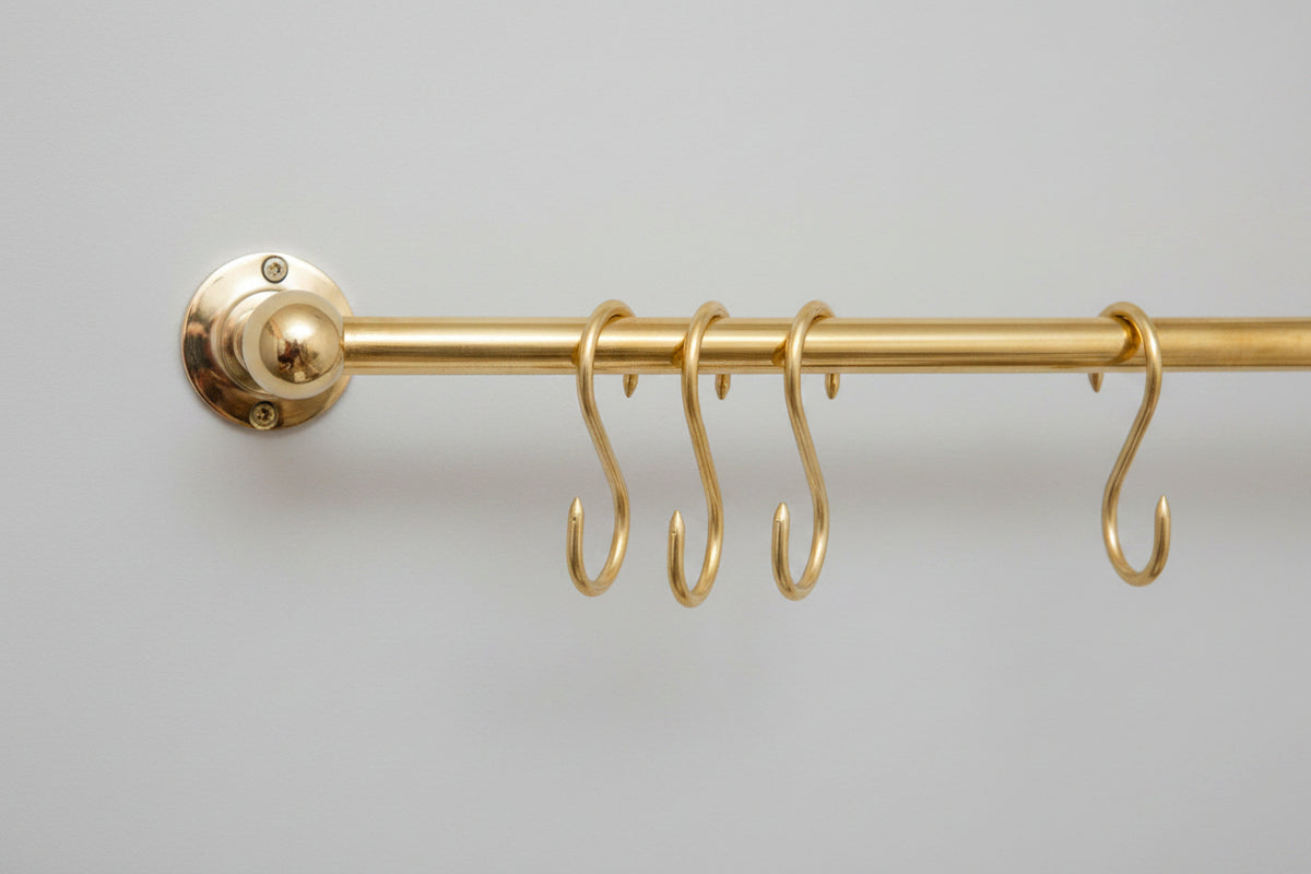 Solid Brass Pot Rail With Hooks, Unlacquered Brass Kitchen Pot Rack, Pot Hangers - handcrafted luxury Hardware and Drains for kitchen and bathroom interiors by Brooklyn Brass