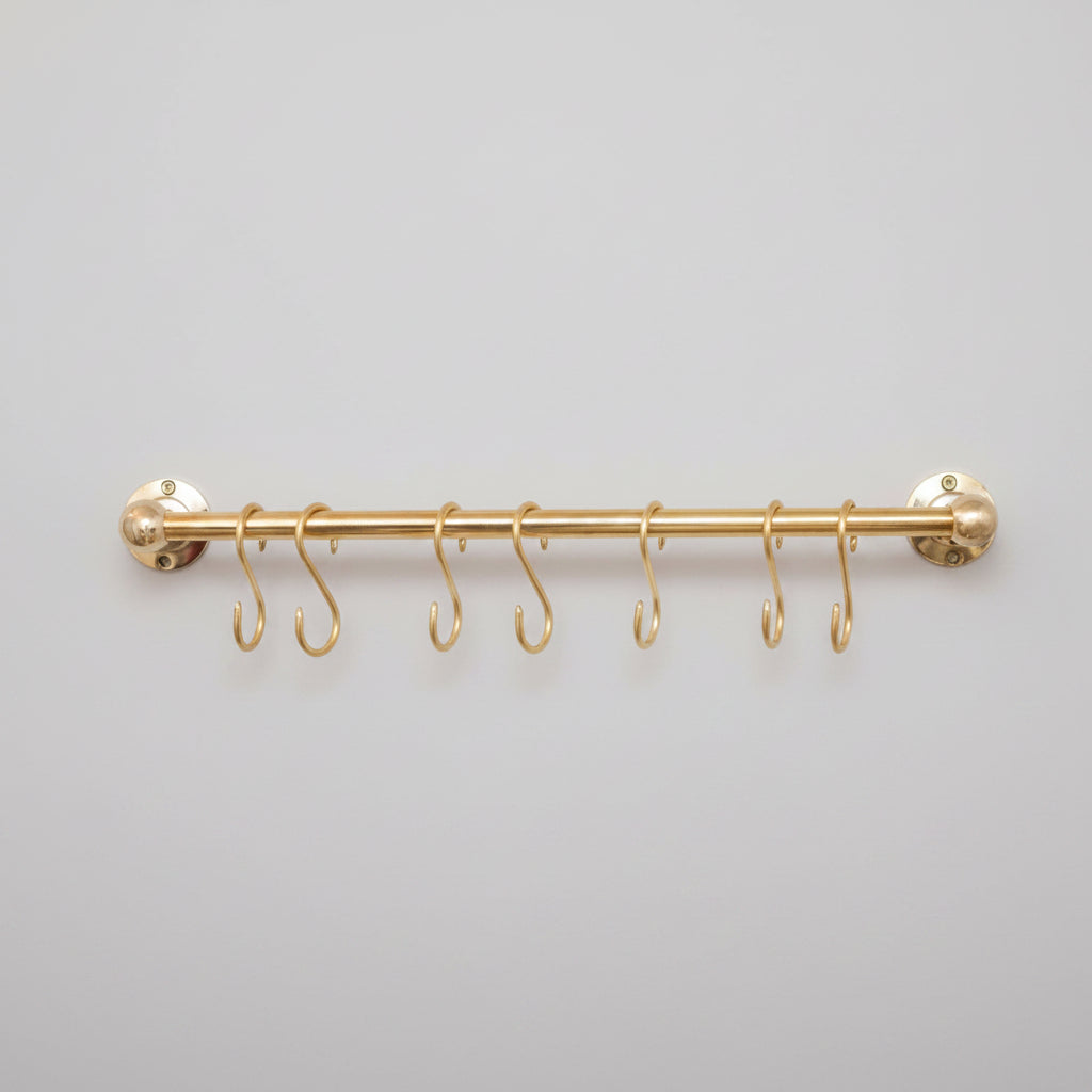 Solid Brass Pot Rail With Hooks, Unlacquered Brass Kitchen Pot Rack, Pot Hangers - handcrafted luxury Hardware and Drains for kitchen and bathroom interiors by Brooklyn Brass