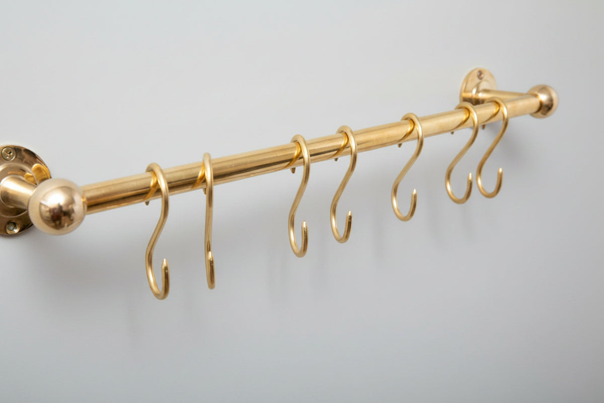 Solid Brass Pot Rail With Hooks, Unlacquered Brass Kitchen Pot Rack, Pot Hangers - handcrafted luxury Hardware and Drains for kitchen and bathroom interiors by Brooklyn Brass
